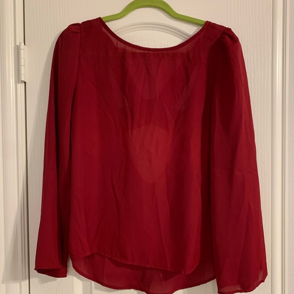Burgundy/wine color chiffon backless blouse with cross cross back. - Picture 2 of 4